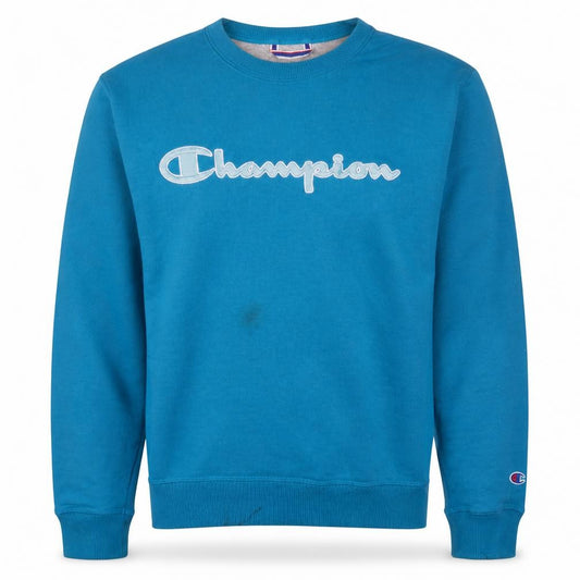 Front view of Champion men’s blue crew neck pullover sweatshirt, size S