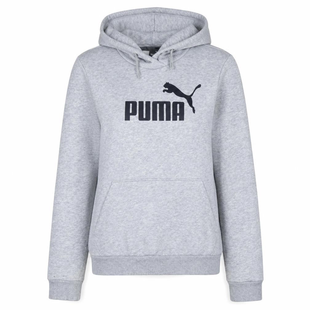 Front view of Puma women’s grey hoodie, size UK 14, pullover logo hooded sweatshirt