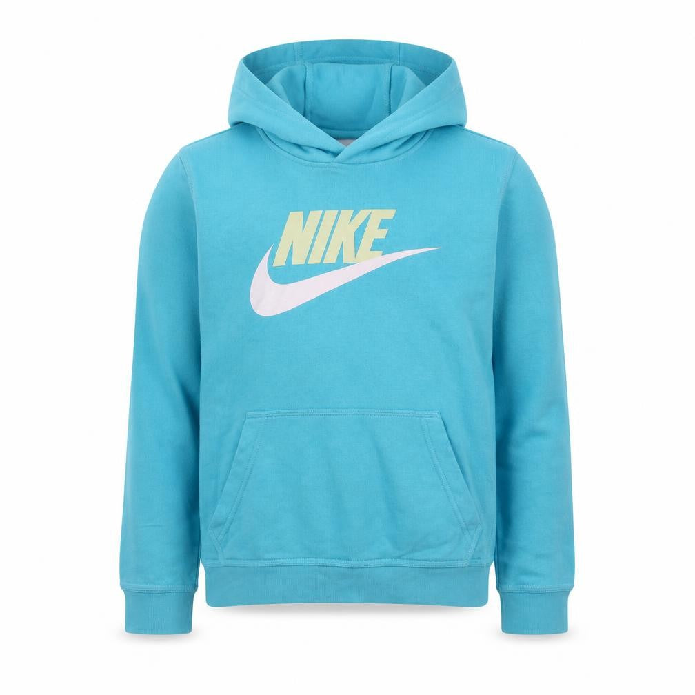 Front view of Nike boys’ blue pullover hoodie l logo print fleece sweatshirt