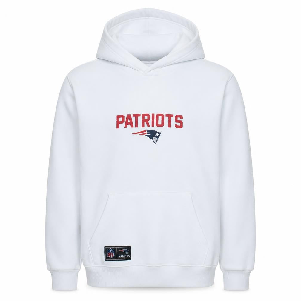 Front view of Primark Men’s White NFL Patriots Pullover Hoodie, size M