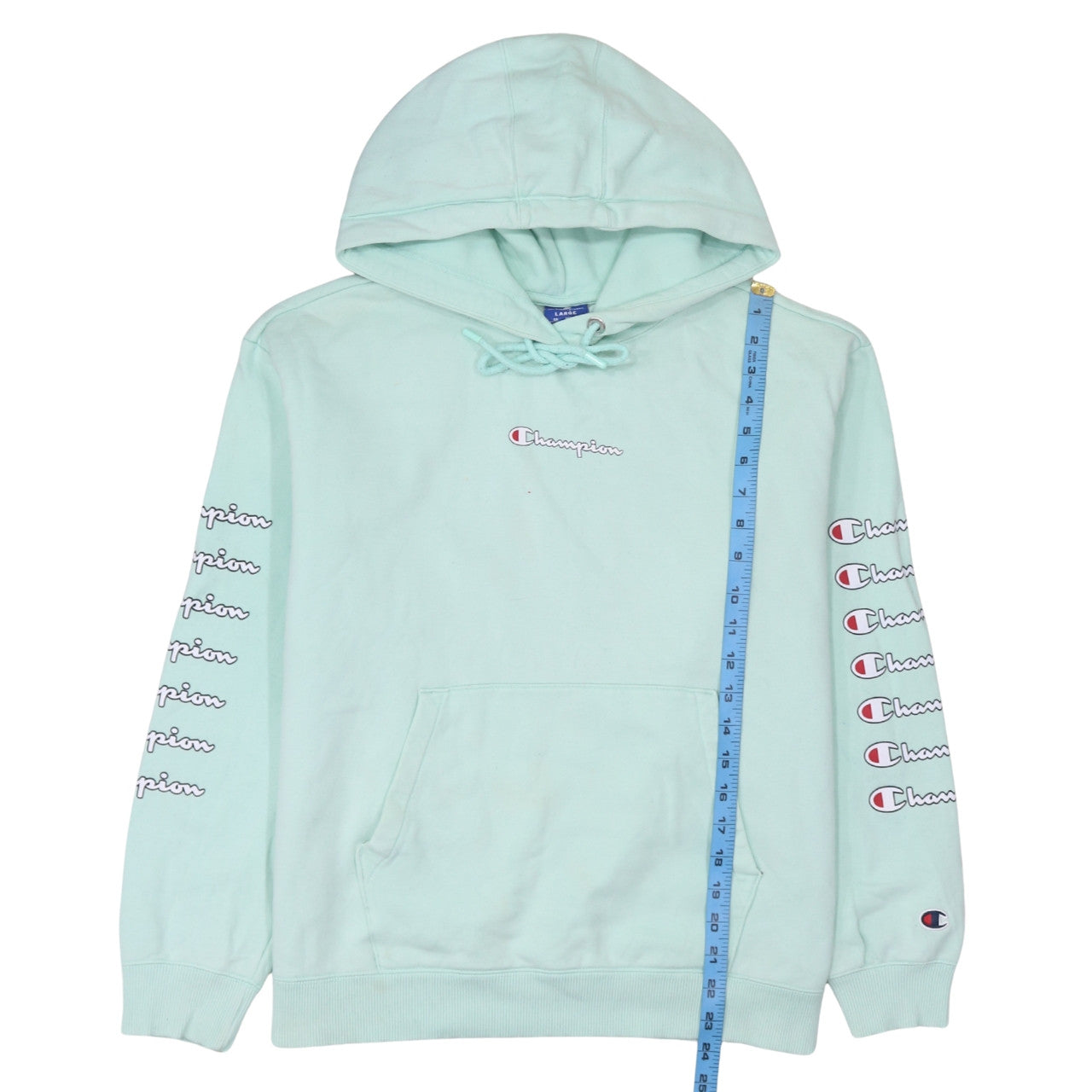 Champion Women Mint Green Large Pullover Hoodie with Logo Sleeves