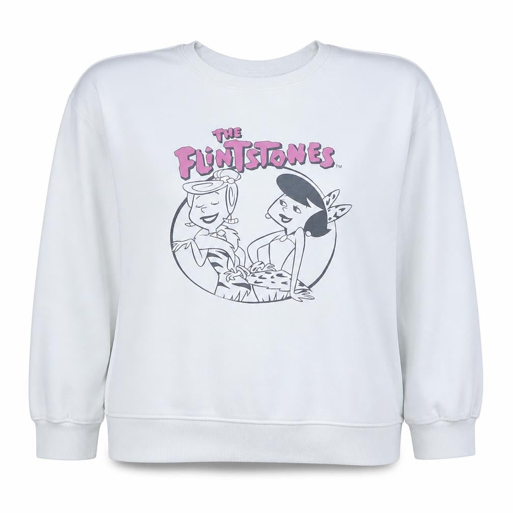 Front view of The Flintstones women’s white xxl pullover sweatshirt cartoon graphic