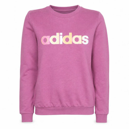 Front view of Adidas women’s pink logo crew neck pullover sweatshirt, size UK 12-14