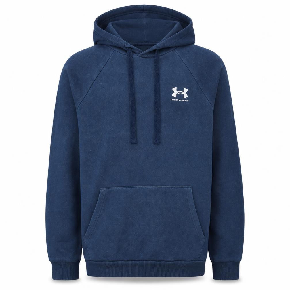 Front view of Under Armour Men's Blue Pullover Hoodie, size S, Relaxed Fit Fleece