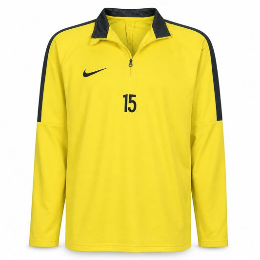 Front view of Nike Men's Yellow Dri-Fit 1/4 Zip Athletic Sweatshirt, size M