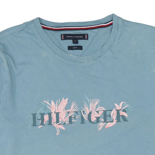 Tommy Hilfiger Men’s Blue Floral Logo Slim Fit Cotton T-Shirt Size M