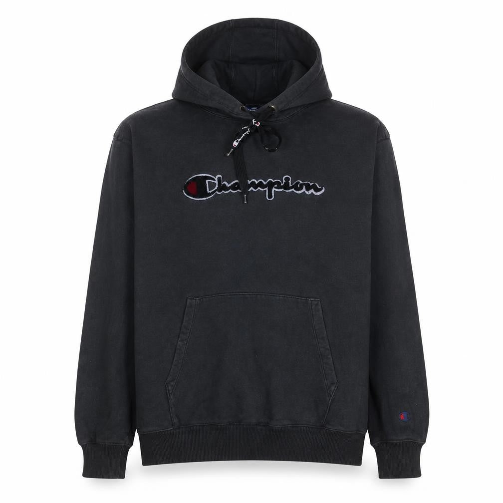 Front view of Champion Men's Black Medium Pullover Hoodie Embroidered Logo
