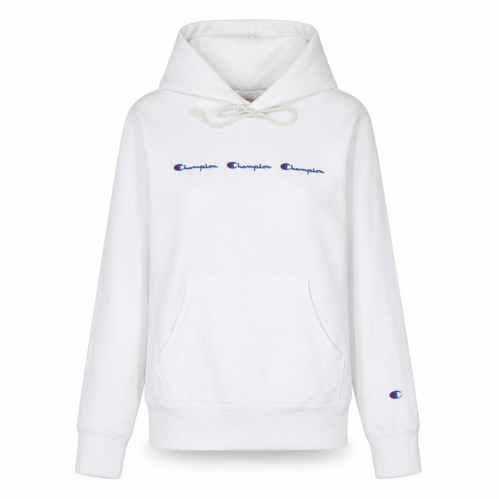 Front view of Champion women’s white reverse weave hoodie medium pullover cotton blend