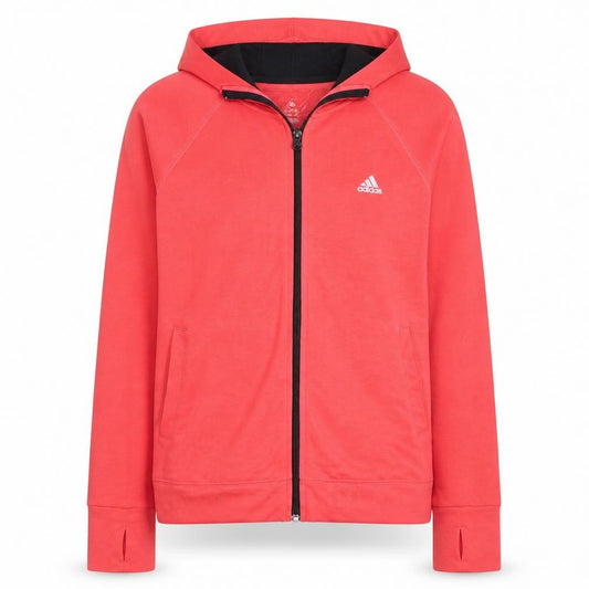 Front view of Adidas women’s red full zip hooded sweatshirt uk 12-14 climalite