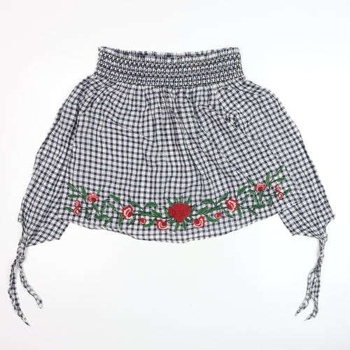 New Look Women Blue Check Embroidered Off Shoulder Cropped Blouse Size 8