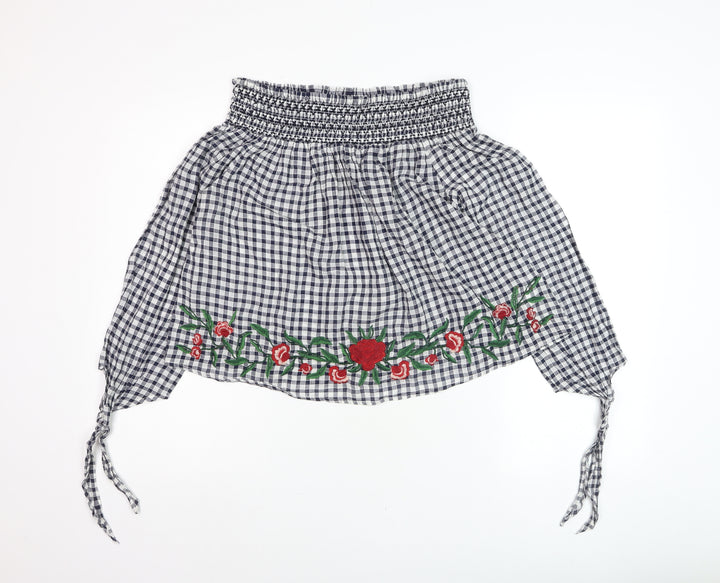 New Look Women Blue Check Embroidered Off Shoulder Cropped Blouse Size 8