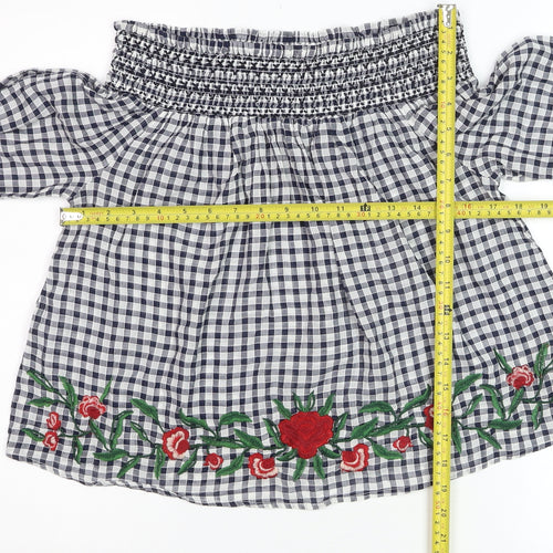 New Look Women Blue Check Embroidered Off Shoulder Cropped Blouse Size 8