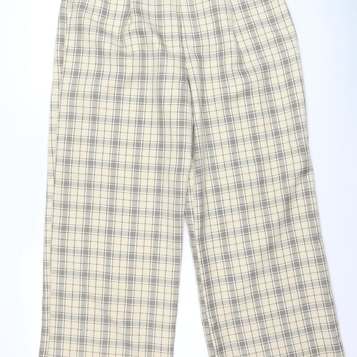 Stradivarius Women Beige Check Pleated Wide-Leg Trousers Size 14