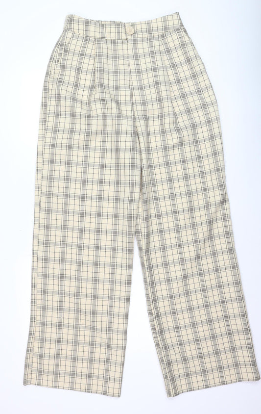Stradivarius Women Beige Check Pleated Wide-Leg Trousers Size 14