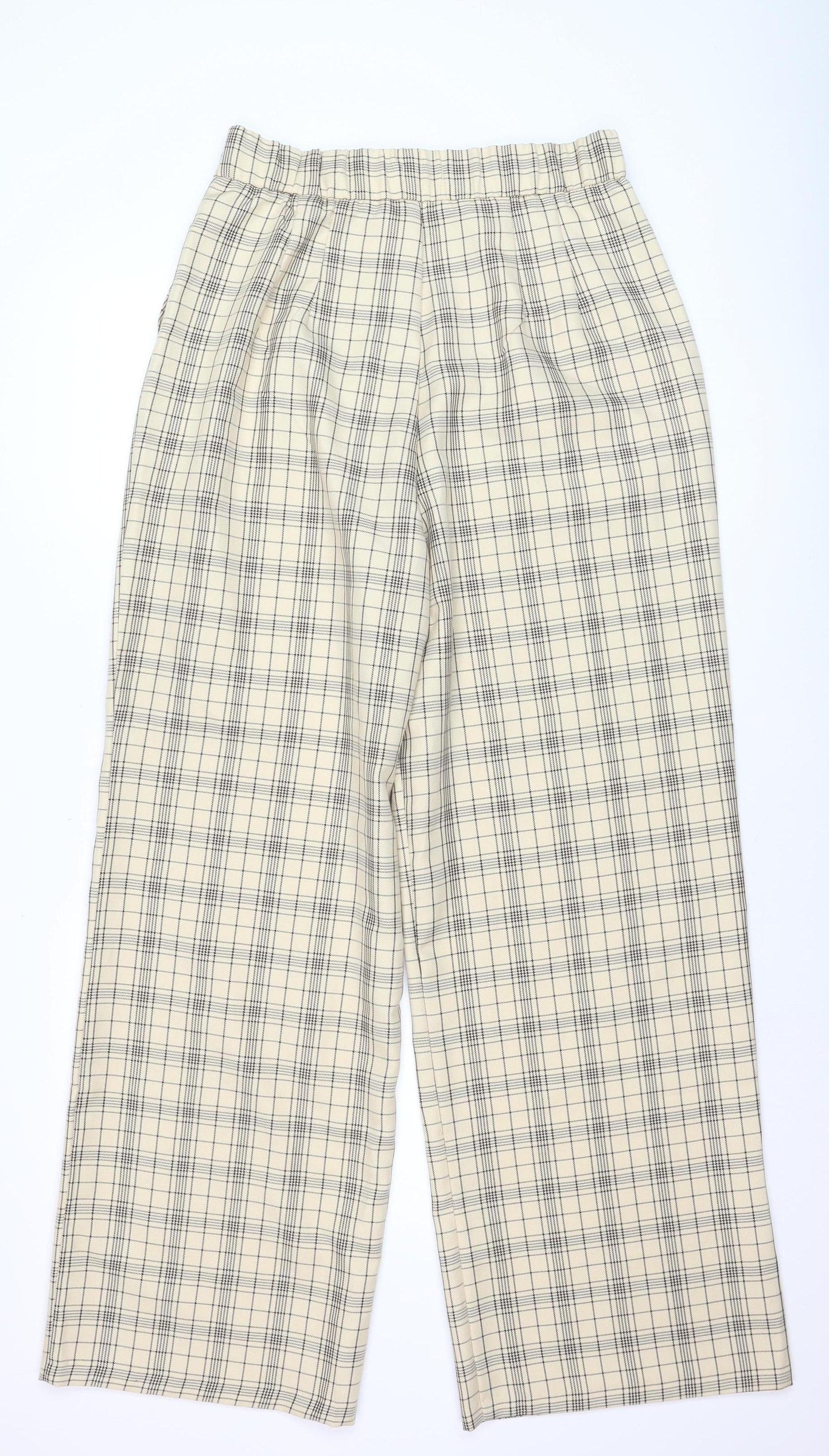 Stradivarius Women Beige Check Pleated Wide-Leg Trousers Size 14