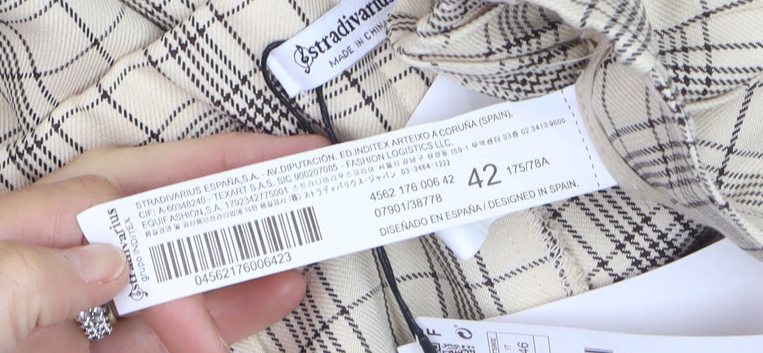 Stradivarius Women Beige Check Pleated Wide-Leg Trousers Size 14