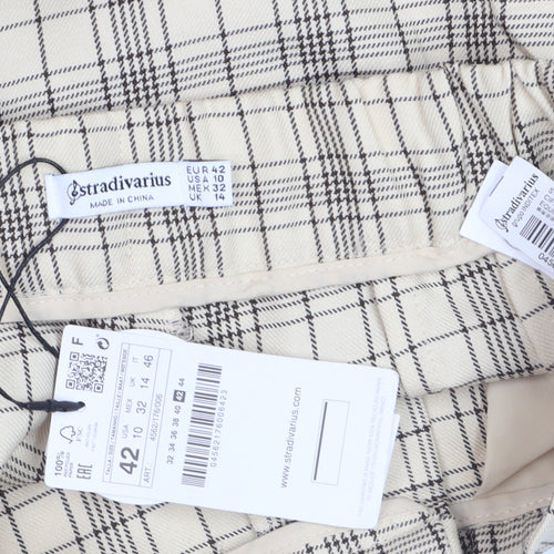 Stradivarius Women Beige Check Pleated Wide-Leg Trousers Size 14