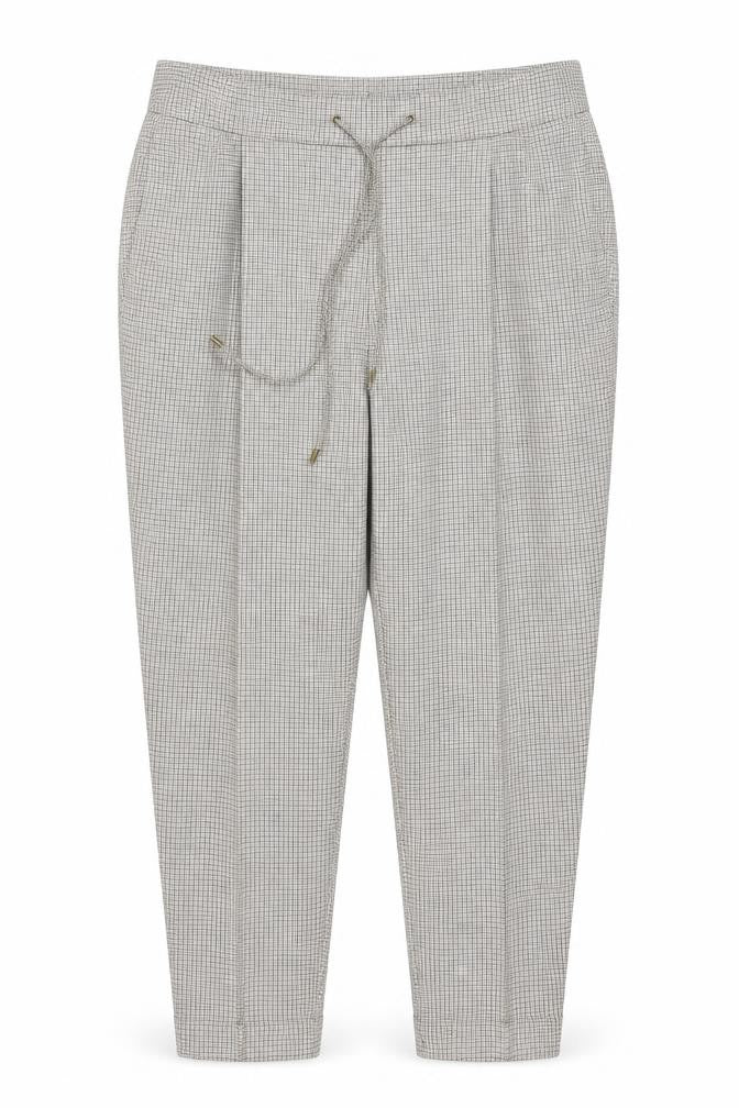 Front view of Marks & Spencer women’s beige check tapered trousers, size UK 24