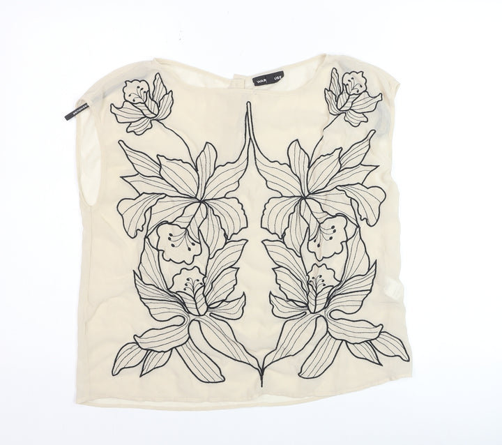 Warehouse Women’s Beige Embroidered Chiffon Sleeveless Blouse UK 14