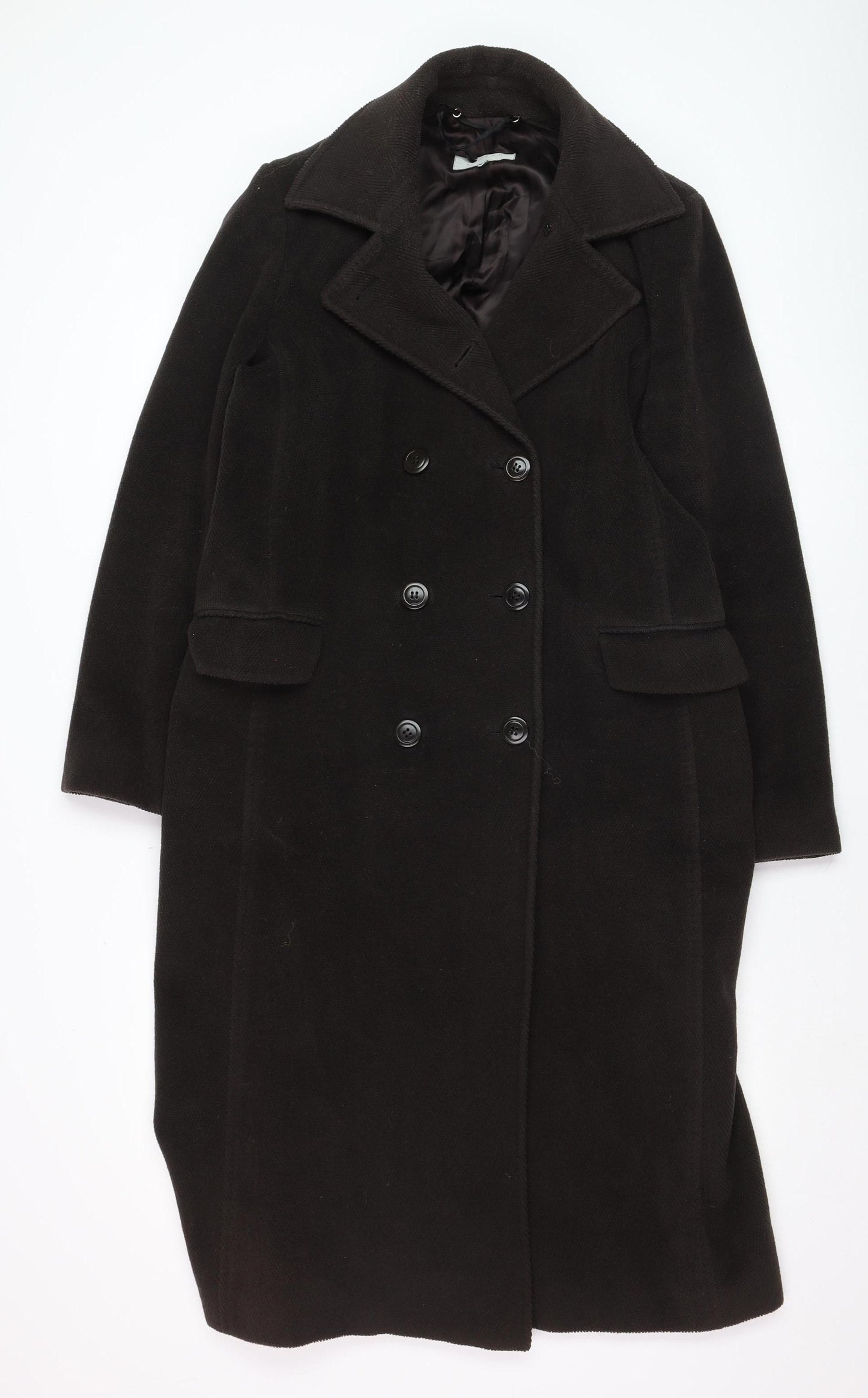Jigsaw Women’s Black Wool Long Overcoat Size 14 Classic Formal