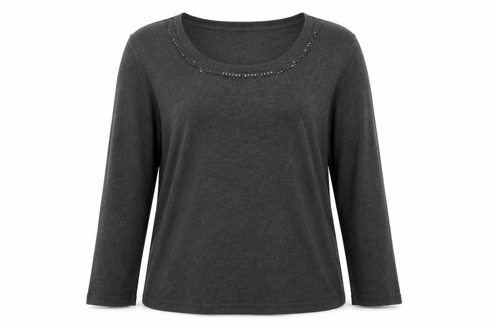 Front view of Frank Walder Women's Grey Beaded Long Sleeve Cotton Top, size 20