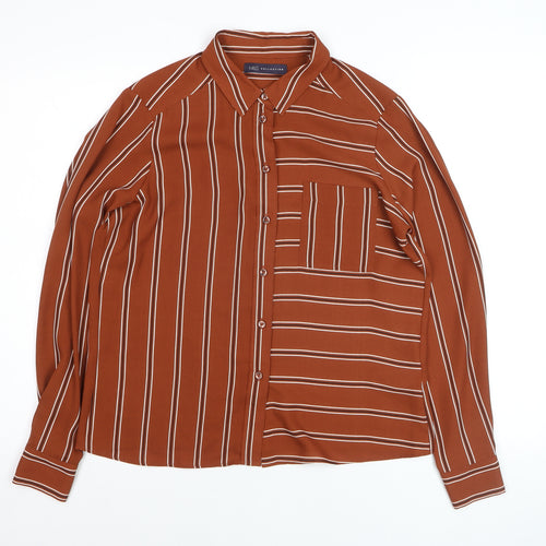 Marks and Spencer Women Brown Striped Long Sleeve Button-Up Shirt UK 10