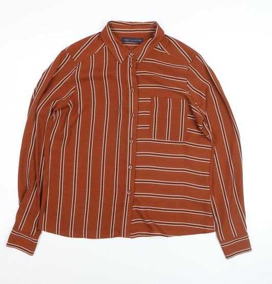 Marks and Spencer Women Brown Striped Long Sleeve Button-Up Shirt UK 10
