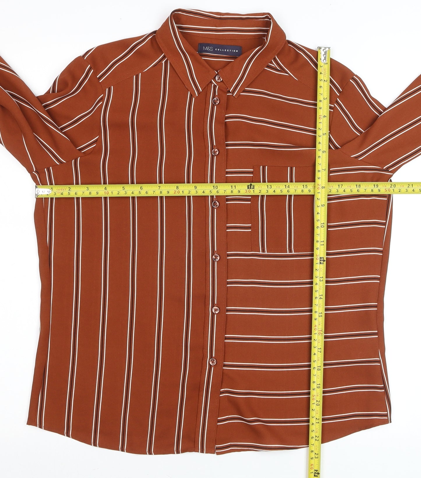 Marks and Spencer Women Brown Striped Long Sleeve Button-Up Shirt UK 10