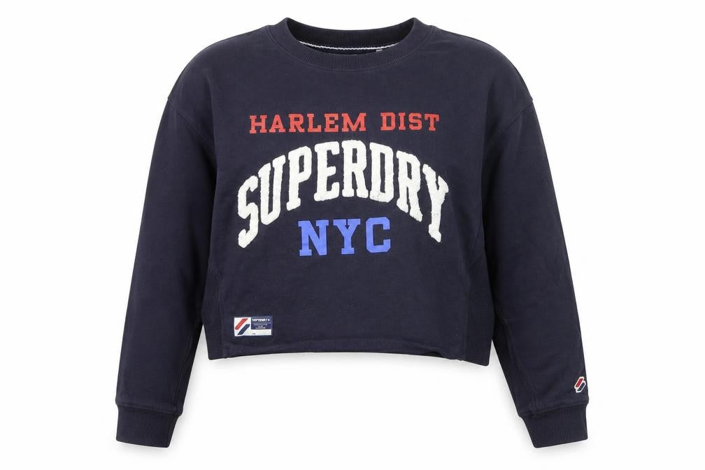 Front view of Superdry women’s navy harlem dist nyc crew neck sweatshirt, size UK 12