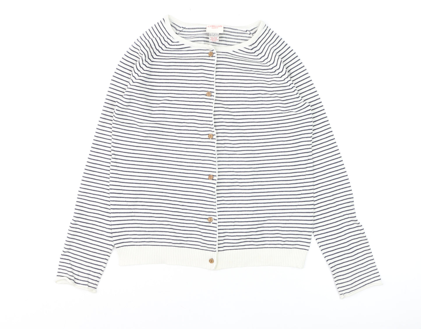 Cyrillus Women's White Striped Cotton Knit Cardigan Size 12