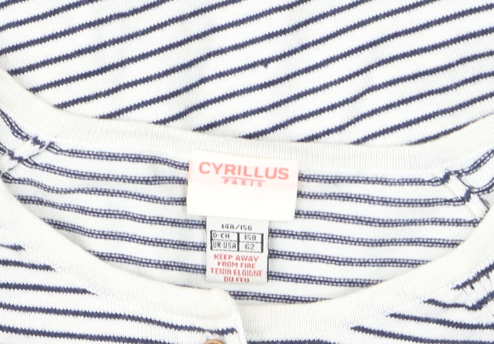 Cyrillus Women's White Striped Cotton Knit Cardigan Size 12
