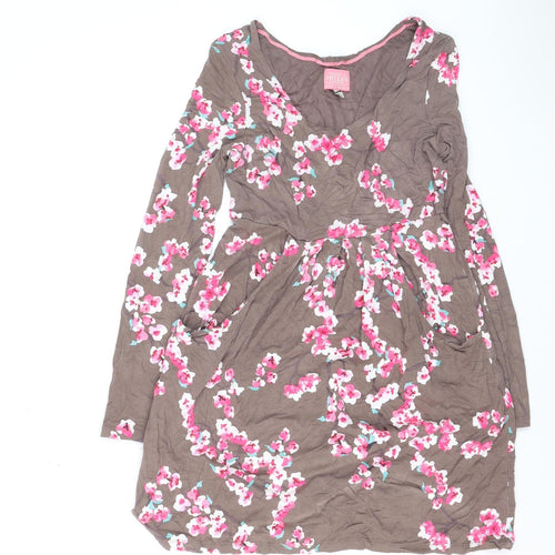Joules Women Brown Floral A-Line Jersey Dress Size 8