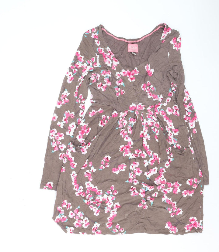 Joules Women Brown Floral A-Line Jersey Dress Size 8