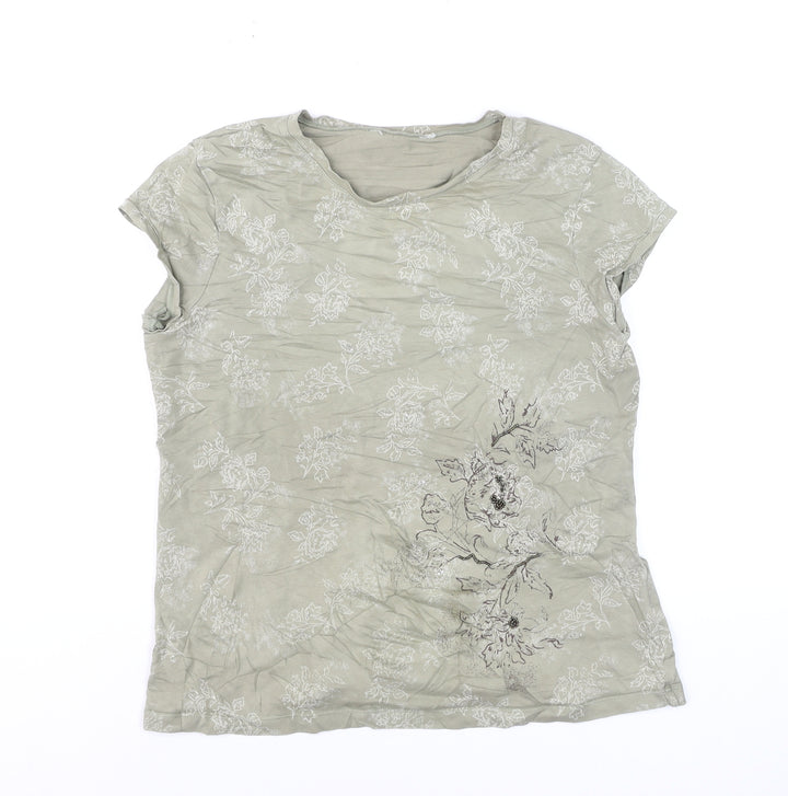 Marks and Spencer Women’s Green Floral Cotton Blend T-Shirt UK 16