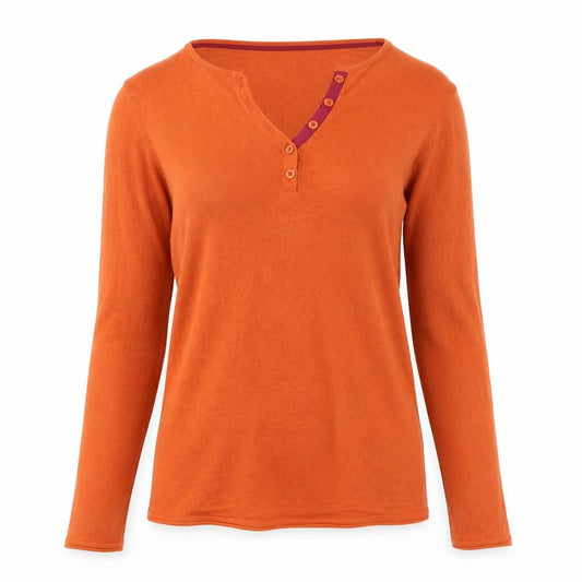 Front view of Ellen Tracy Women’s Orange Merino Wool Blend Henley Jumper, size S
