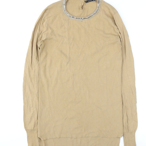 Zara Women Beige Beaded Crew Neck Knit Jumper Size 12