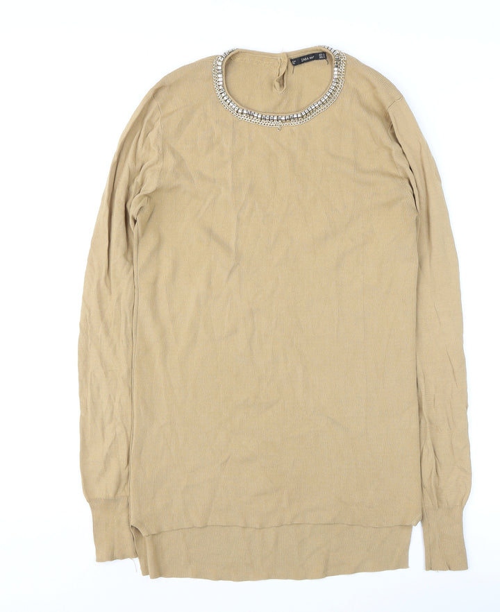 Zara Women Beige Beaded Crew Neck Knit Jumper Size 12