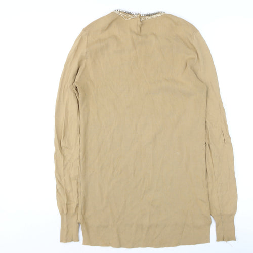 Zara Women Beige Beaded Crew Neck Knit Jumper Size 12