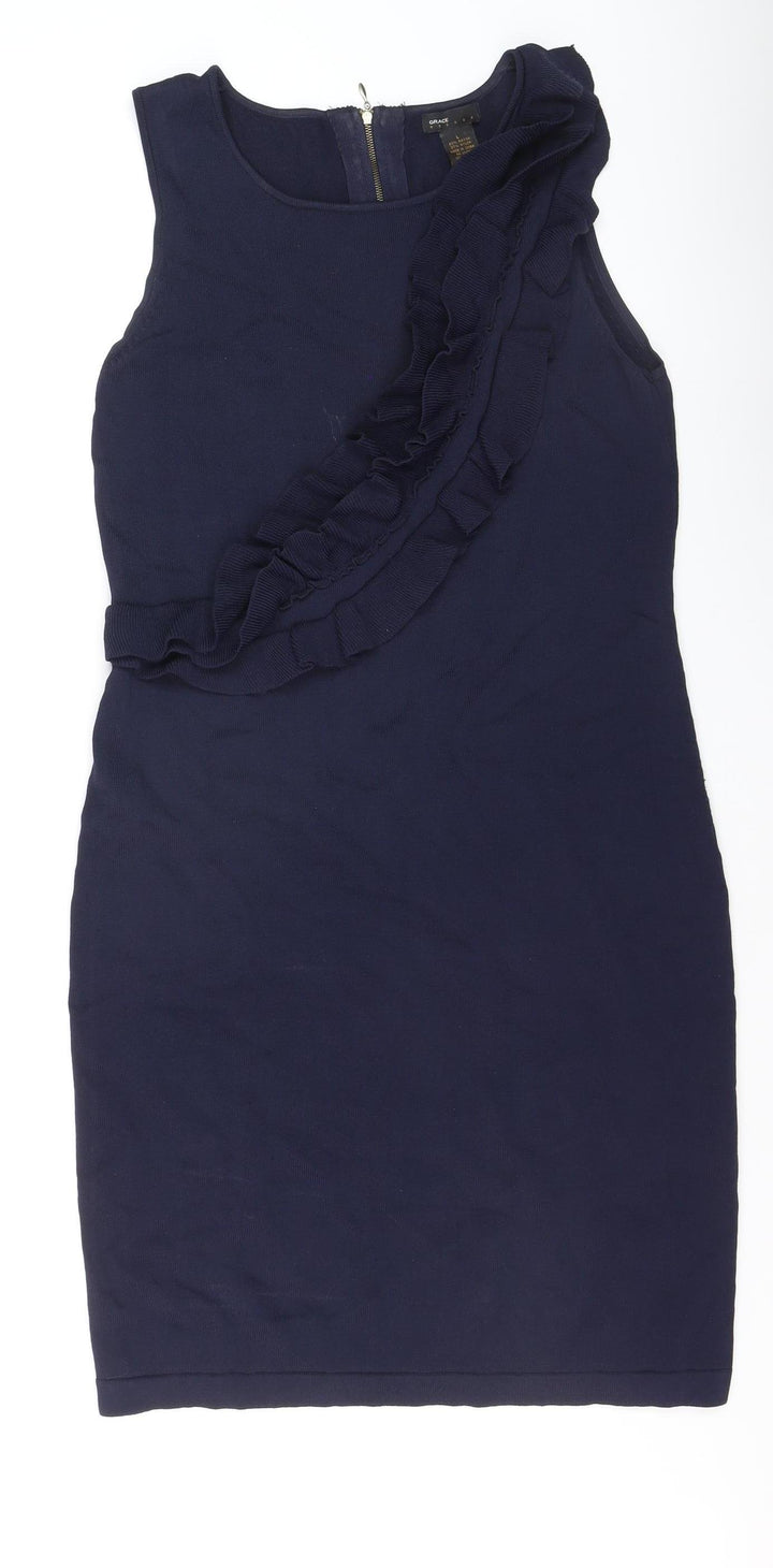 Grace Women’s Blue Sleeveless Ruffle Bodycon Knee Length Dress L