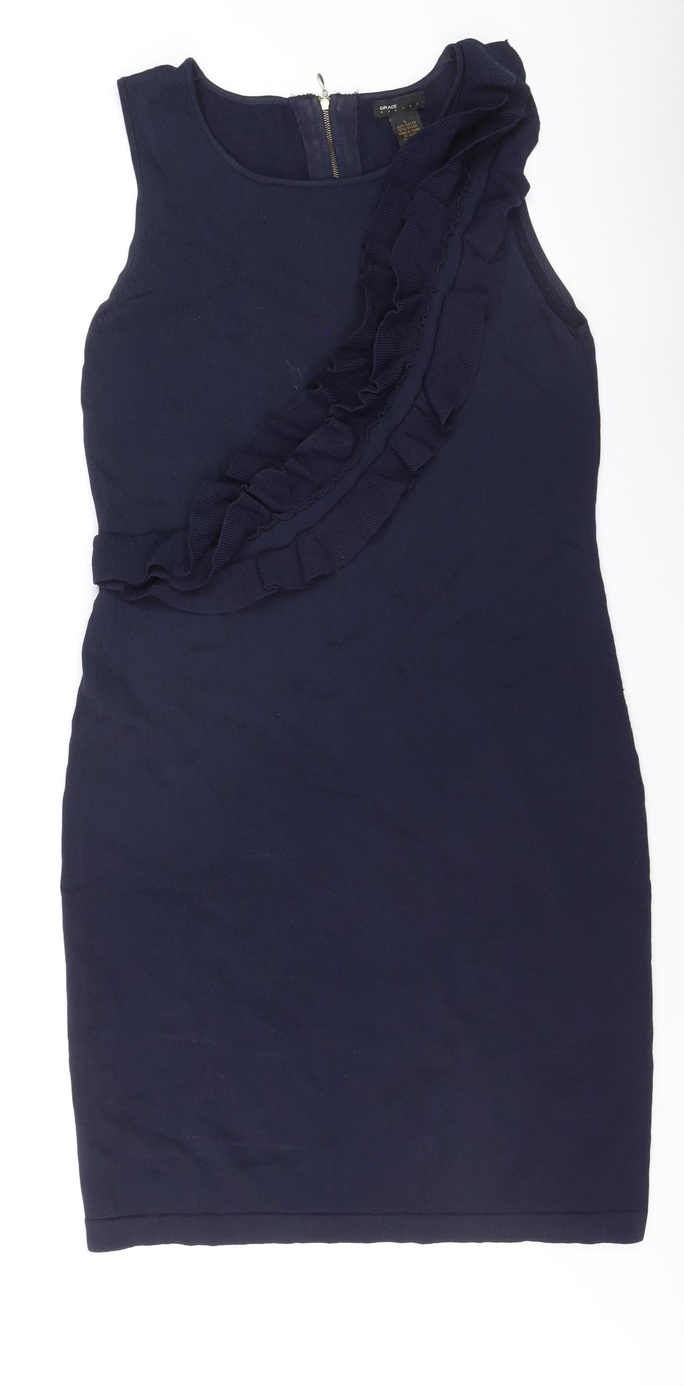 Grace Women’s Blue Sleeveless Ruffle Bodycon Knee Length Dress L