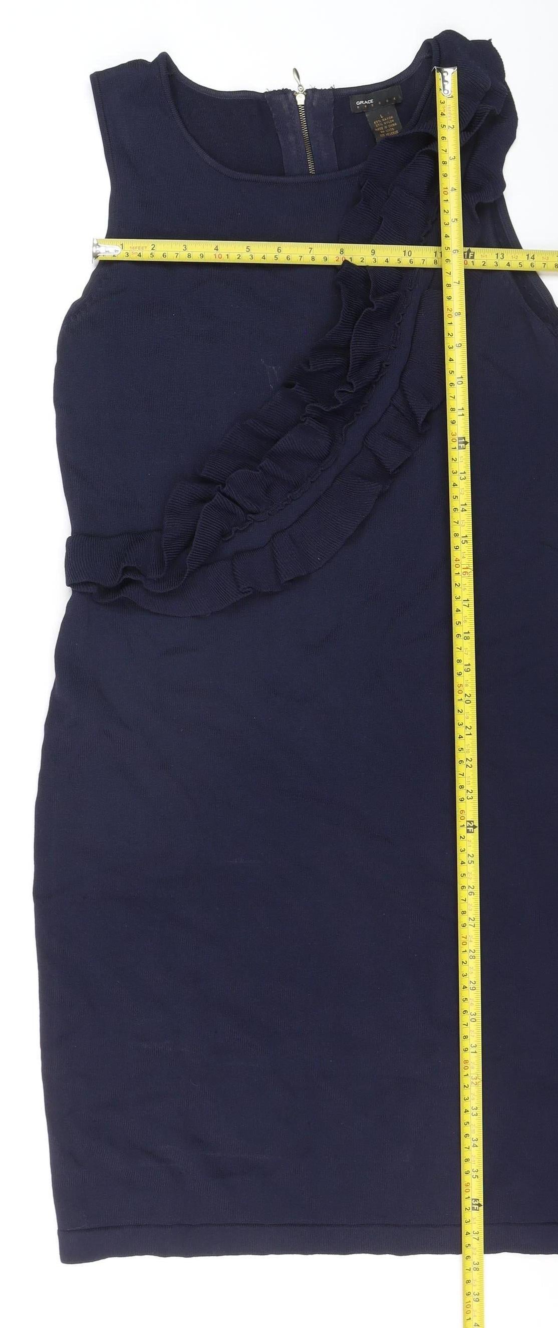 Grace Women’s Blue Sleeveless Ruffle Bodycon Knee Length Dress L