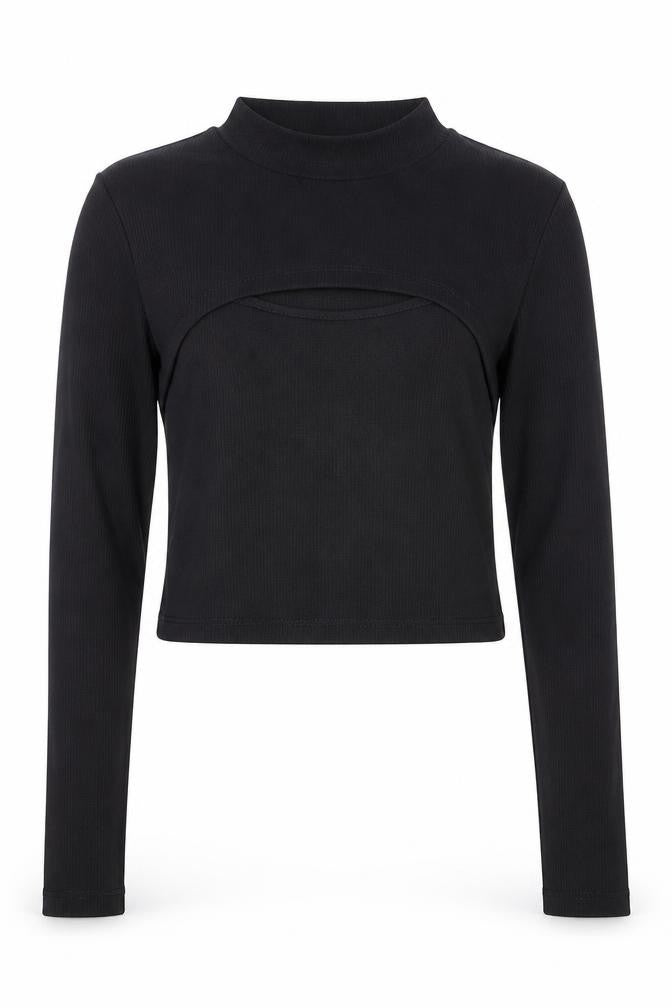 New Look 915 Girls Black Ribbed Mock Neck Cropped Long Sleeve T-Shirt Age 12-13