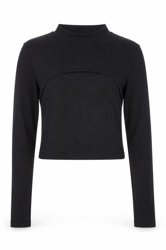 New Look 915 Girls Black Ribbed Mock Neck Cropped Long Sleeve T-Shirt Age 12-13