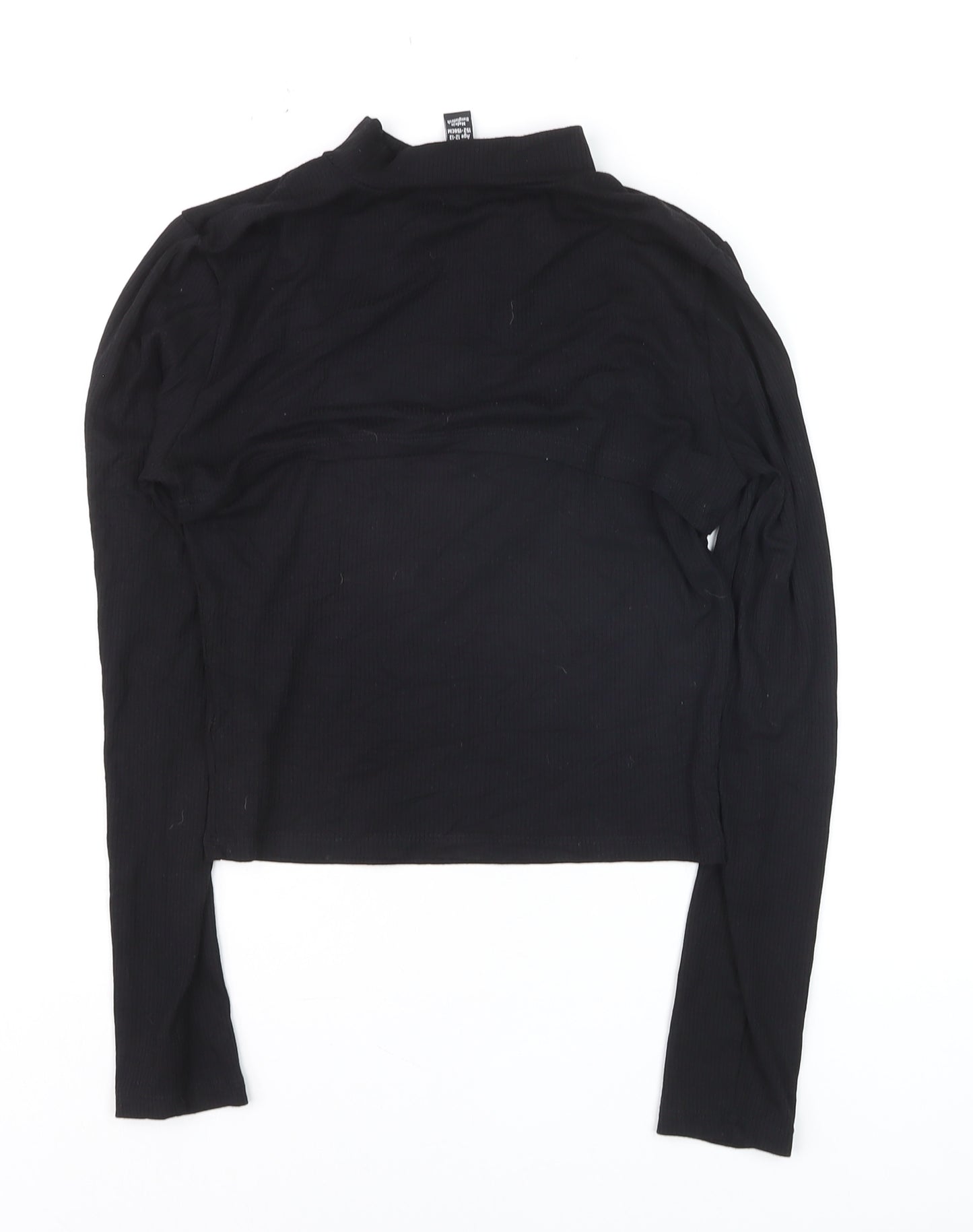 New Look 915 Girls Black Ribbed Mock Neck Cropped Long Sleeve T-Shirt Age 12-13