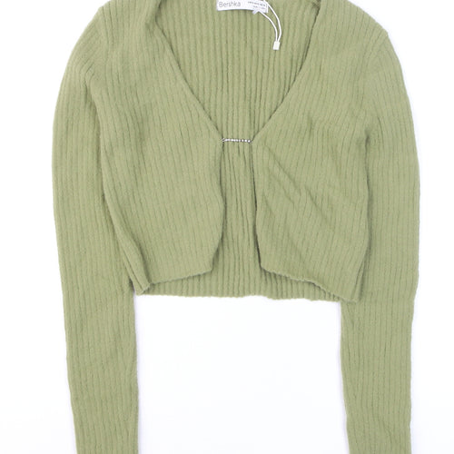 Bershka Women’s Green V-Neck Ribbed Cardigan Size 12