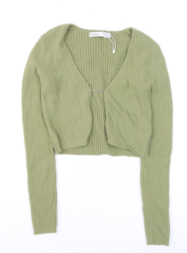 Bershka Women’s Green V-Neck Ribbed Cardigan Size 12
