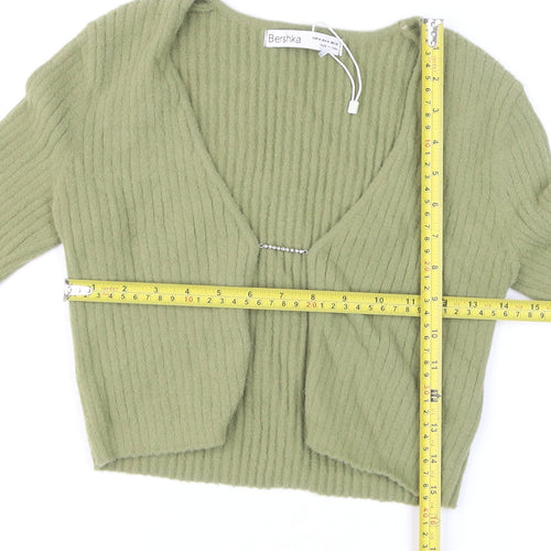 Bershka Women’s Green V-Neck Ribbed Cardigan Size 12