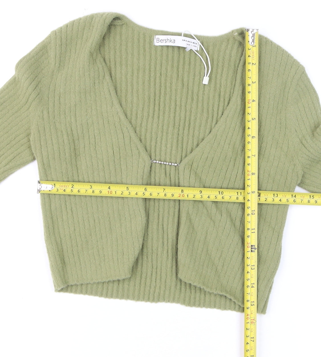 Bershka Women’s Green V-Neck Ribbed Cardigan Size 12