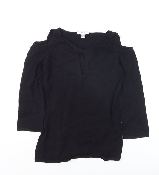 MNG Women's Black Cold Shoulder Blouse Size S Jersey V-Neck