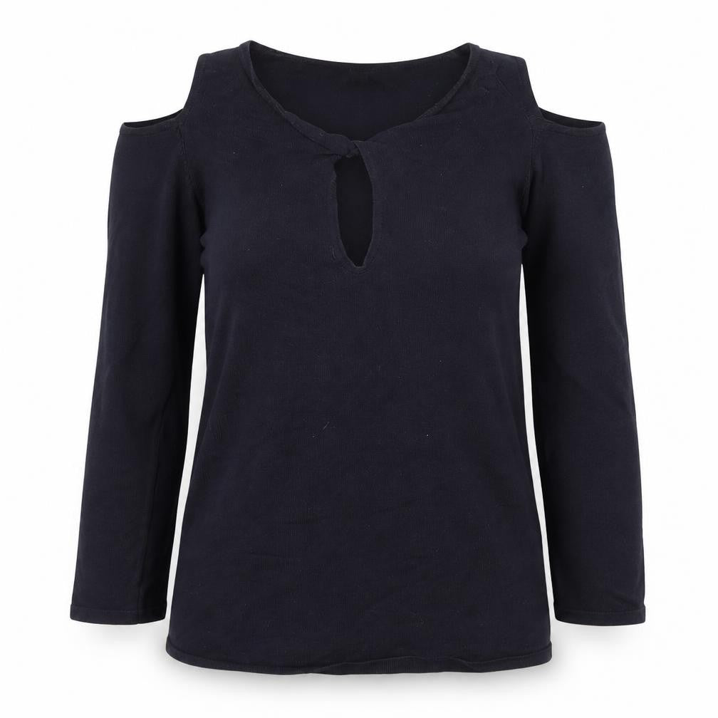 Front view of Mango Women's Black Cold Shoulder Blouse, size S, Jersey V-Neck
